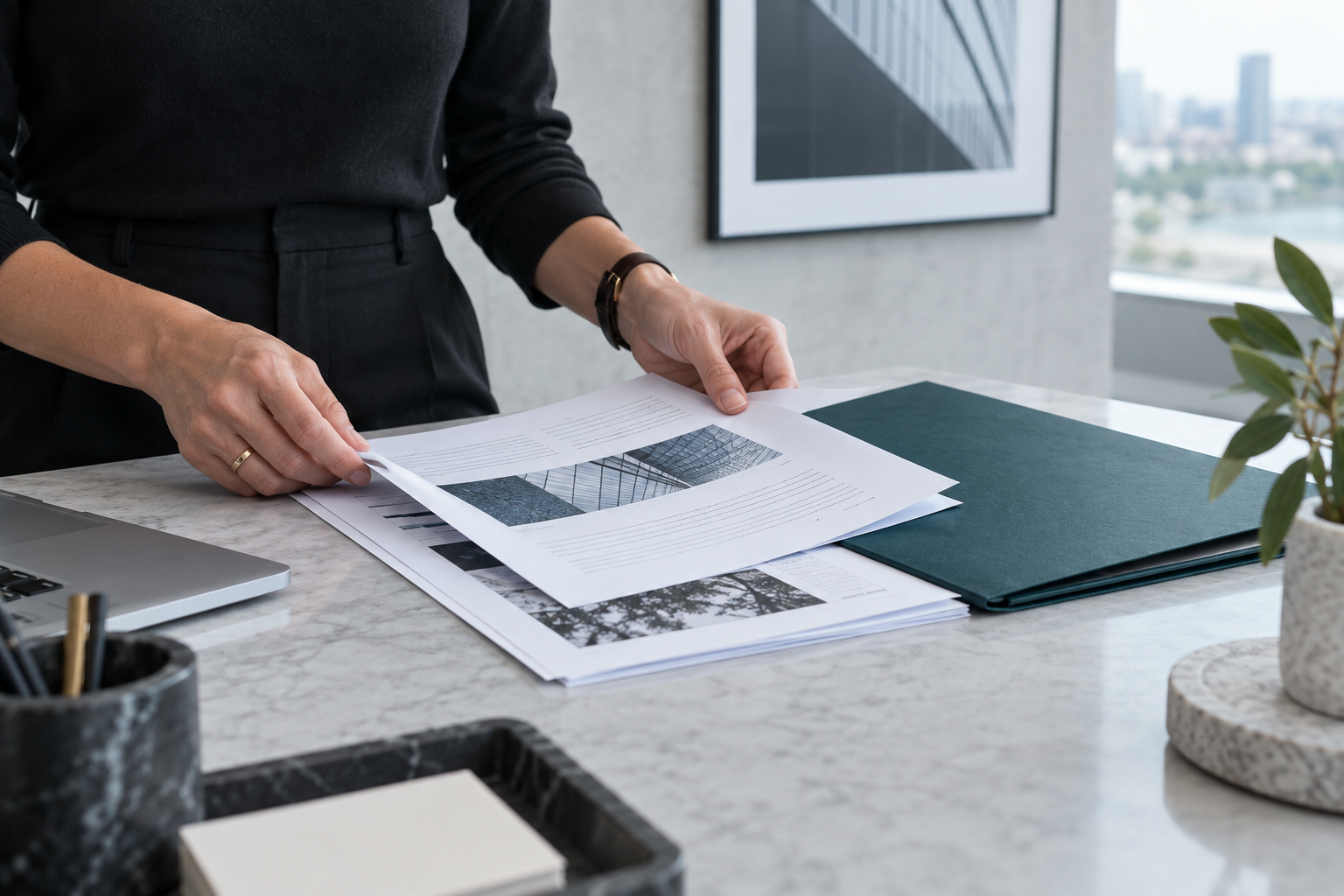 Hands arranging vendor evidence documents beside a teal folder