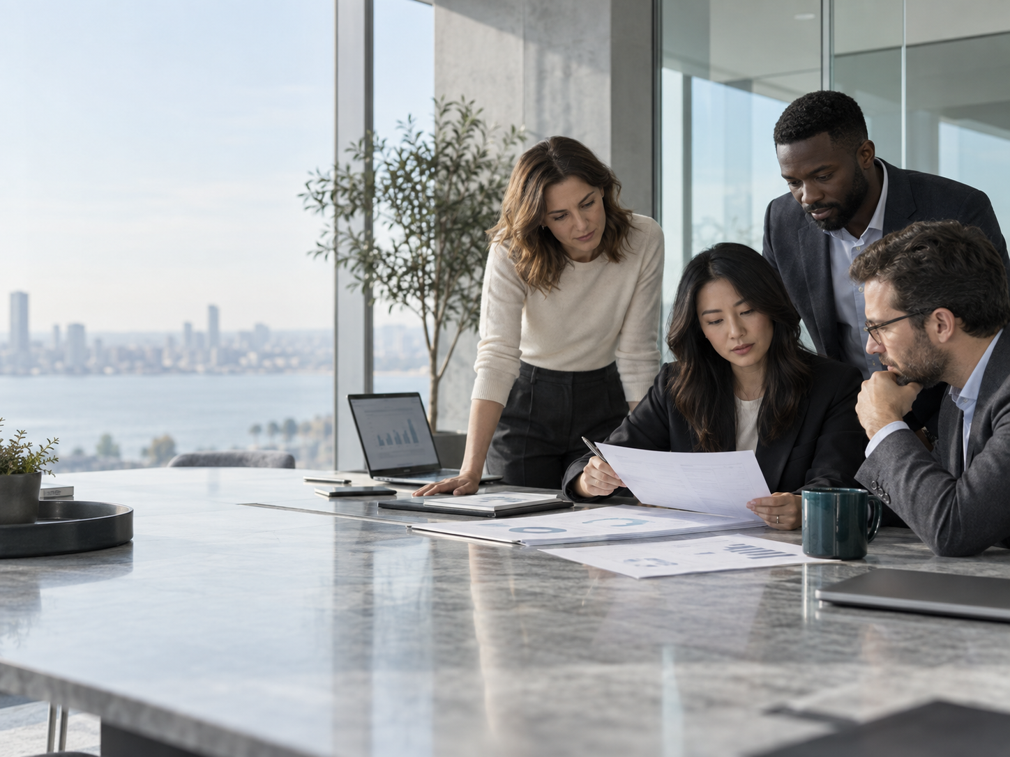 Procurement and security team reviewing vendor documents in a bright boardroom